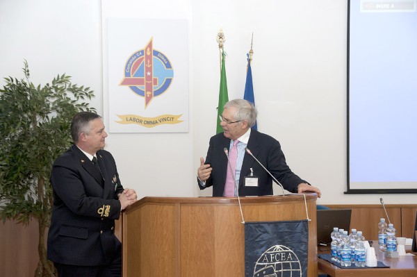In January, Lt. Gen. Pietro Finocchio, ITAF (Ret.), chapter president, discusses interoperability and communication capabilities with Rear Adm. Edoardo Compiani, ITN, C4 commander.